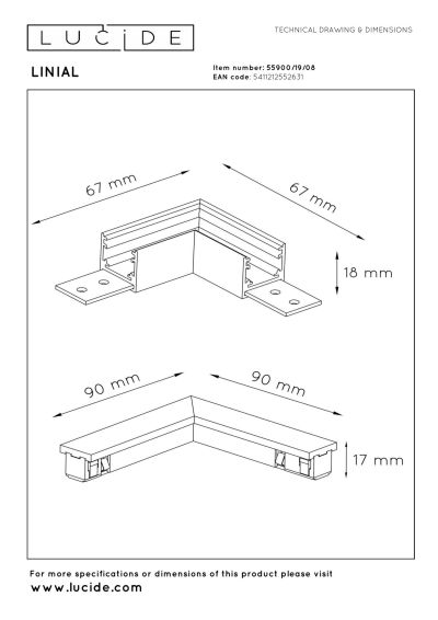 Lucide Premium LINIAL L - Connector, Corner Horizontal -  1-Circuit lighting system - Smart - 48V Track - Satin Gun Metal